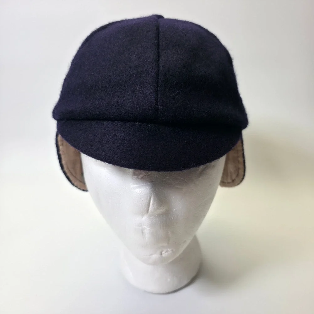 Vintage Boys Winter Hat Blue Wool Quilted Lining Ear Flap Cap Classic Warm Retro